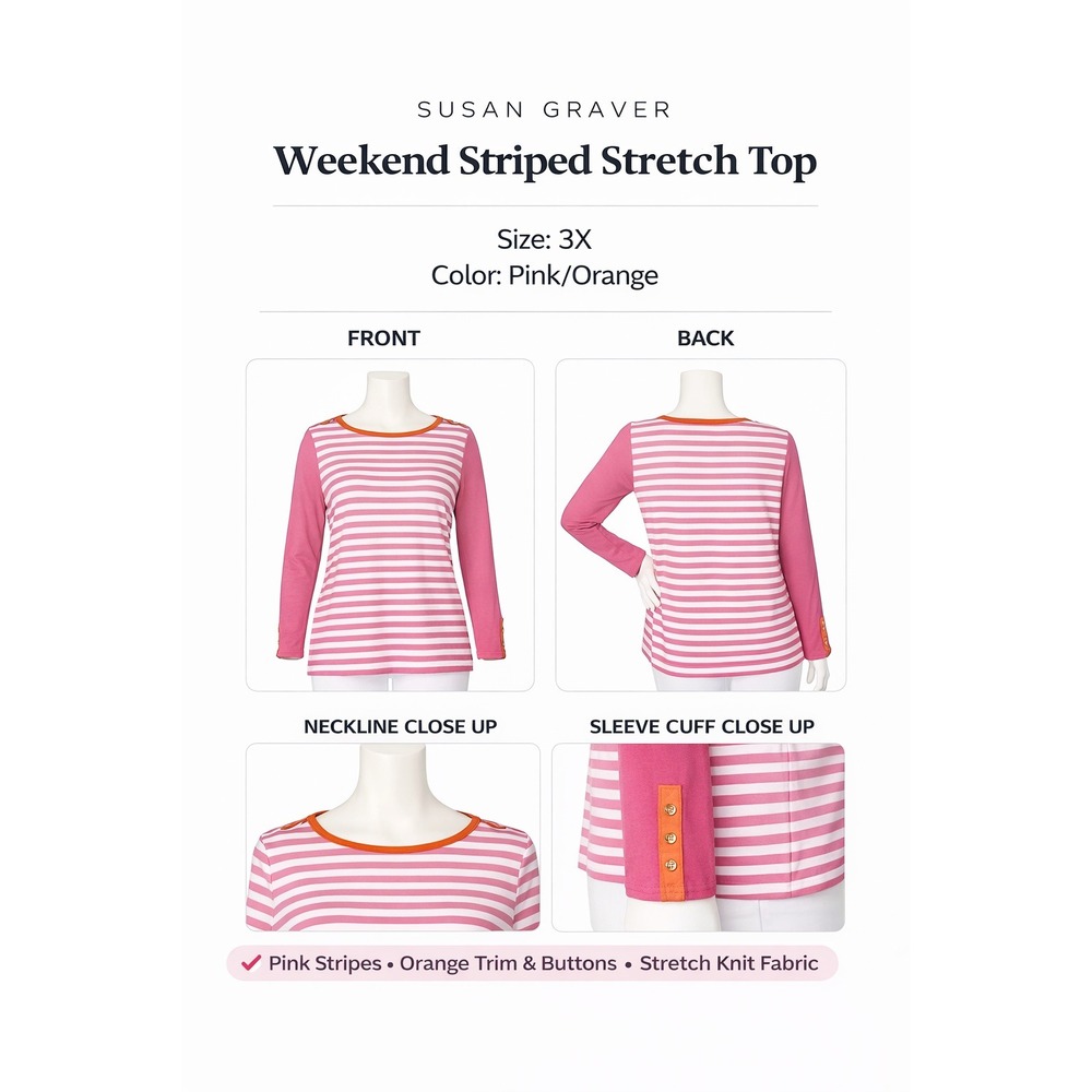 Susan Graver Weekend Striped Stretch Top‎ Pink Orange Button Detail 3X A231519